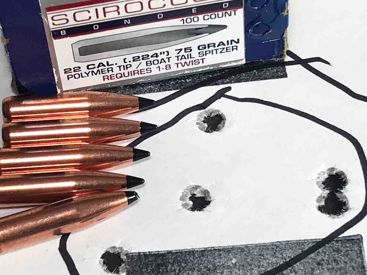 A quick twist .22-250 was used for this group with Swift 75-grain Scirocco II bullets and Reloder 17.